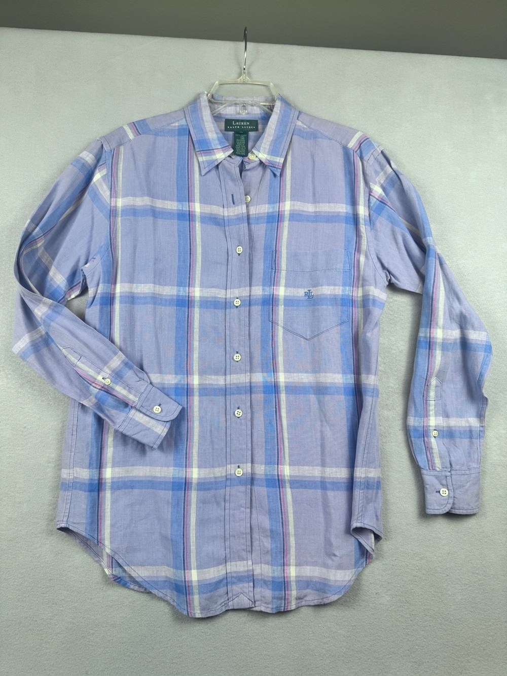 Lauren Ralph Lauren Womens 100% Linen Plaid Button Up Purple Blue Medium Vintage